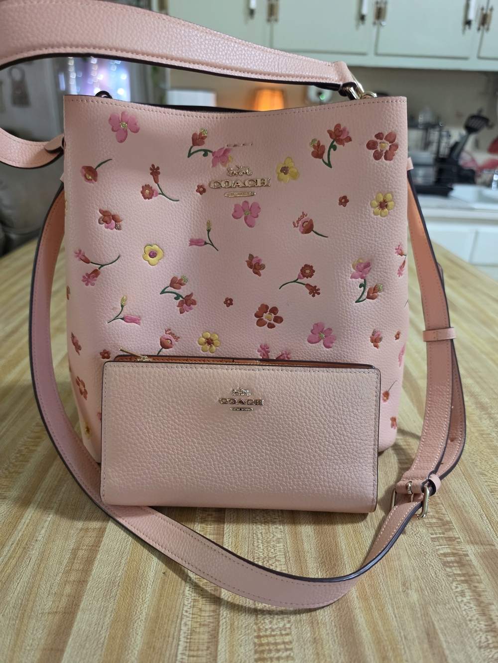 Coach Pink Floral Pebbled Leather Shoulder Bag with Matching Wallet
